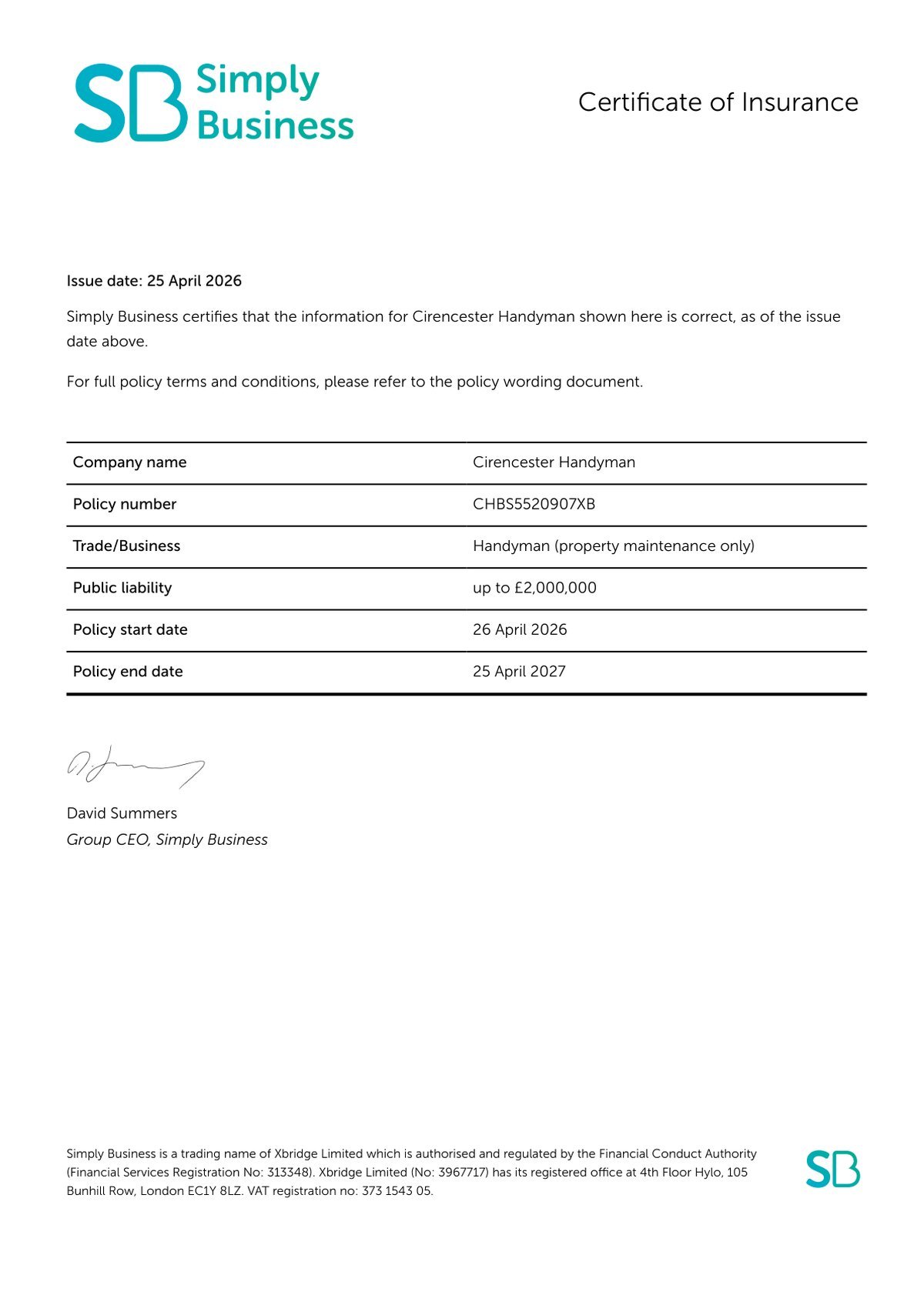 Simply Business certificate of insurance for Cirencester Handyman, £2,000,000 Public Liability cover, policy period 26 April 2026 to 25 April 2027